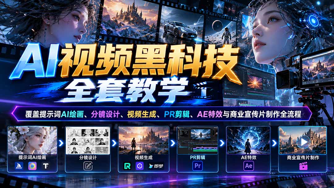 AI视频黑科技全套教学：覆盖提示词AI绘画、分镜设计、视频生成、PR剪辑、AE特效与商业宣传片制作全流程网络赚钱,项目资源网,副业资源网,兼职项目,网赚课程-副业赚钱-互联网创业-独家轻创IP大圣网创