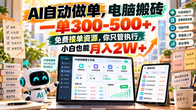 AI自动做单，电脑搬砖一单300-500+，免费接单资源，你只管执行，小白也能月入2W+【揭秘】网络赚钱,项目资源网,副业资源网,兼职项目,网赚课程-副业赚钱-互联网创业-独家轻创IP大圣网创