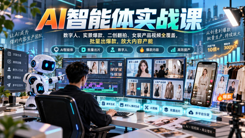 AI智能体实战课，数字人、实景爆款、二创翻拍、女装产品视频全覆盖，批量出爆款，放大内容产能网络赚钱,项目资源网,副业资源网,兼职项目,网赚课程-副业赚钱-互联网创业-独家轻创IP大圣网创