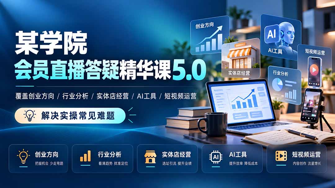 某学院会员直播答疑精华课5.0：覆盖创业方向、行业分析、实体店经营、AI工具和短视频运营，解决实操常见难题！网络赚钱,项目资源网,副业资源网,兼职项目,网赚课程-副业赚钱-互联网创业-独家轻创IP大圣网创