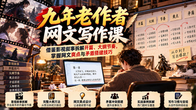 九年老作者网文写作课：借鉴影视叙事拆解开篇、大纲节奏，掌握网文爽点与矛盾搭建技巧网络赚钱,项目资源网,副业资源网,兼职项目,网赚课程-副业赚钱-互联网创业-独家轻创IP大圣网创