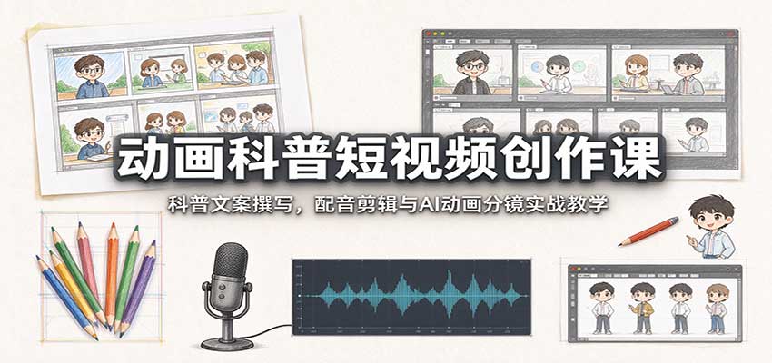 动画科普短视频创作课：科普文案撰写，配音剪辑与AI动画分镜实战教学网络赚钱,项目资源网,副业资源网,兼职项目,网赚课程-副业赚钱-互联网创业-独家轻创IP大圣网创