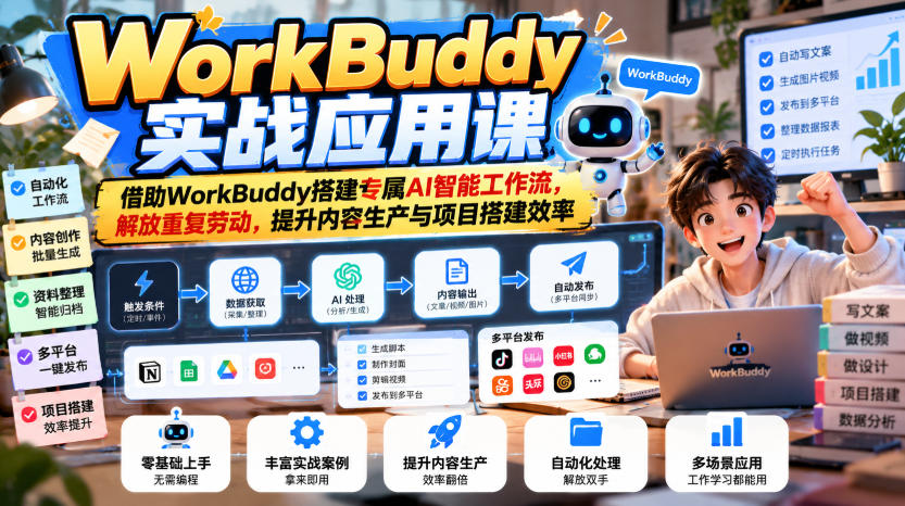 WorkBuddy实战应用课，借助WorkBuddy搭建专属AI智能工作流，解放重复劳动，提升内容生产与项目搭建效率网络赚钱,项目资源网,副业资源网,兼职项目,网赚课程-副业赚钱-互联网创业-独家轻创IP大圣网创
