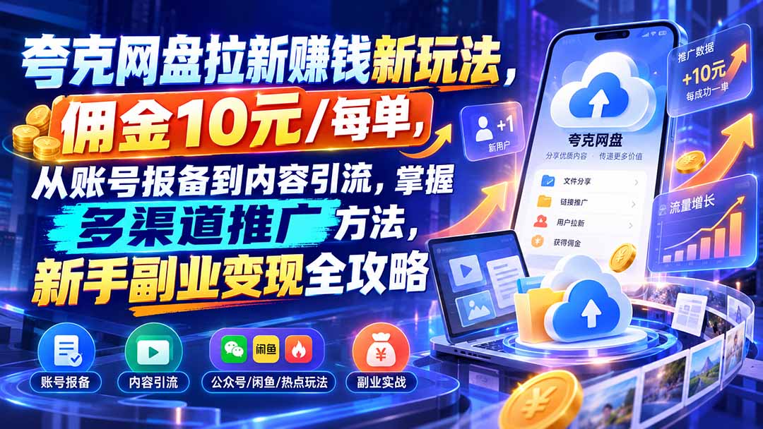 夸克网盘拉新赚钱新玩法，佣金10元/每单，从账号报备到内容引流，掌握多渠道推广方法，新手副业变现全攻略网络赚钱,项目资源网,副业资源网,兼职项目,网赚课程-副业赚钱-互联网创业-独家轻创IP大圣网创