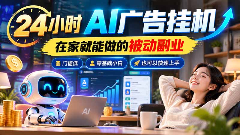 24小时AI广告挂机｜在家就能做的被动副业，门槛低，零基础小白也可以快速上手网络赚钱,项目资源网,副业资源网,兼职项目,网赚课程-副业赚钱-互联网创业-独家轻创IP大圣网创