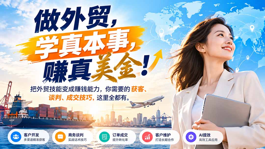 做外贸，学真本事，赚真美金！把外贸技能变成赚钱能力，你需要的获客、谈判、成交技巧，这里全都有网络赚钱,项目资源网,副业资源网,兼职项目,网赚课程-副业赚钱-互联网创业-独家轻创IP大圣网创