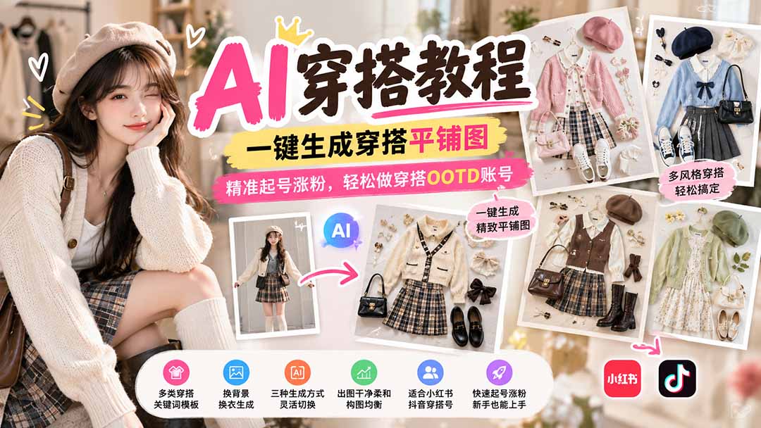 【无水印】AI穿搭教程|一键生成穿搭平铺图,精准起号涨粉,轻松做穿搭OOTD账号网络赚钱,项目资源网,副业资源网,兼职项目,网赚课程-副业赚钱-互联网创业-独家轻创IP大圣网创