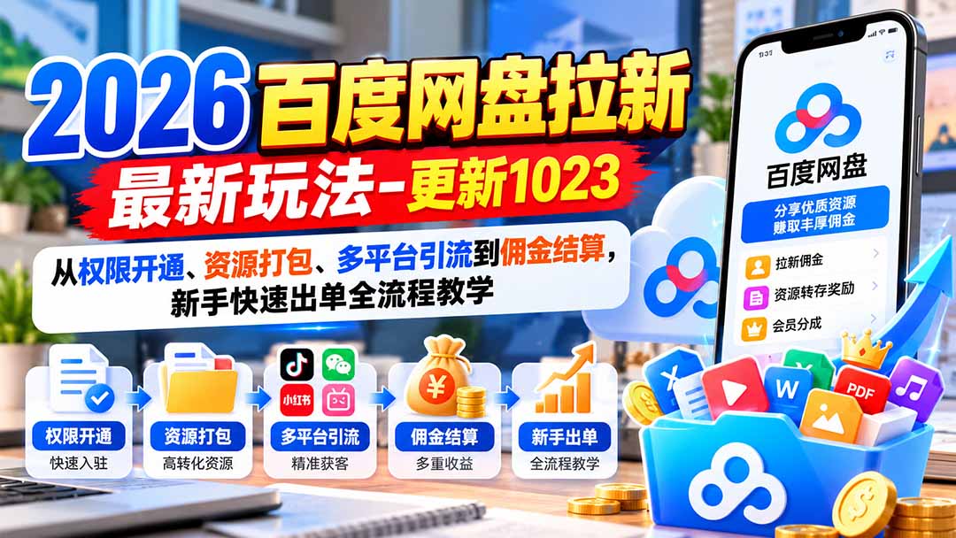 2026百度网盘拉新最新玩法-更新1023：从权限开通、资源打包、多平台引流到佣金结算，新手快速出单全流程教学网络赚钱,项目资源网,副业资源网,兼职项目,网赚课程-副业赚钱-互联网创业-独家轻创IP大圣网创