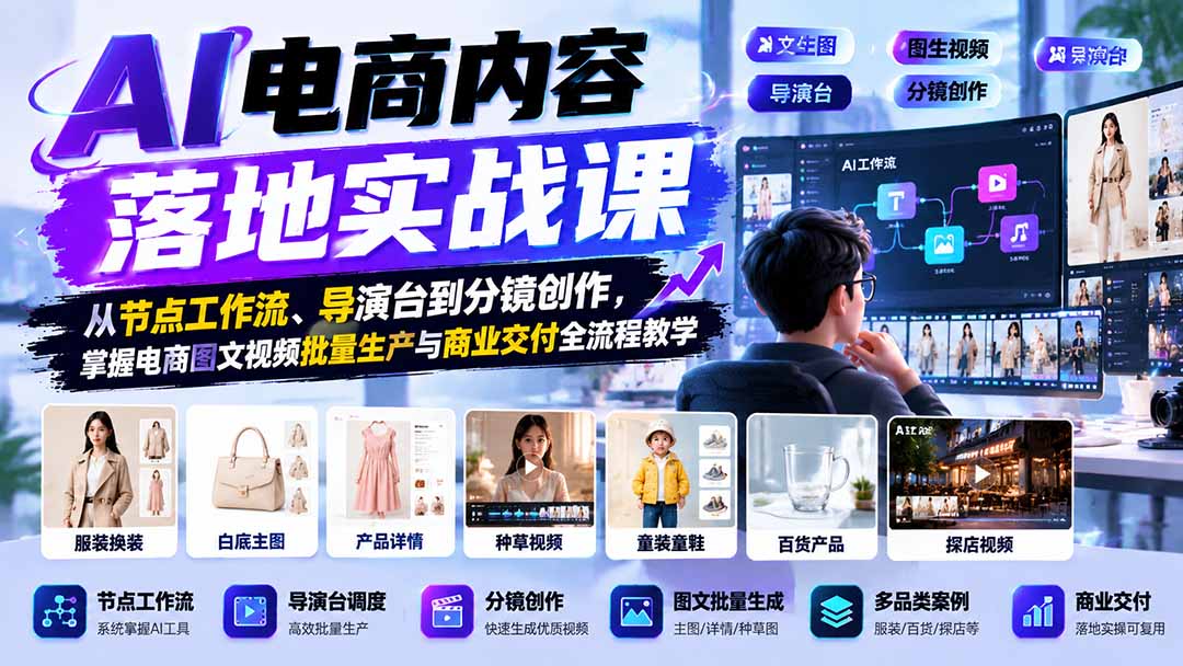 AI电商内容落地实战课:从节点工作流、导演台到分镜创作,掌握电商图文视频批量生产与商业交付全流程教学网络赚钱,项目资源网,副业资源网,兼职项目,网赚课程-副业赚钱-互联网创业-独家轻创IP大圣网创