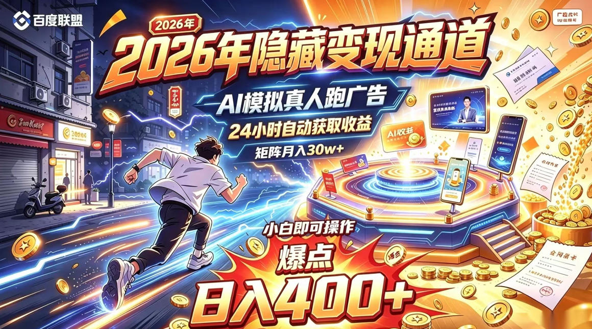 2026年别死磕自媒体，隐藏变现通道，AI模拟真人自动跑广告，小白即可操作，日入400+，矩阵月入可达到30w+【揭秘】网络赚钱,项目资源网,副业资源网,兼职项目,网赚课程-副业赚钱-互联网创业-独家轻创IP大圣网创