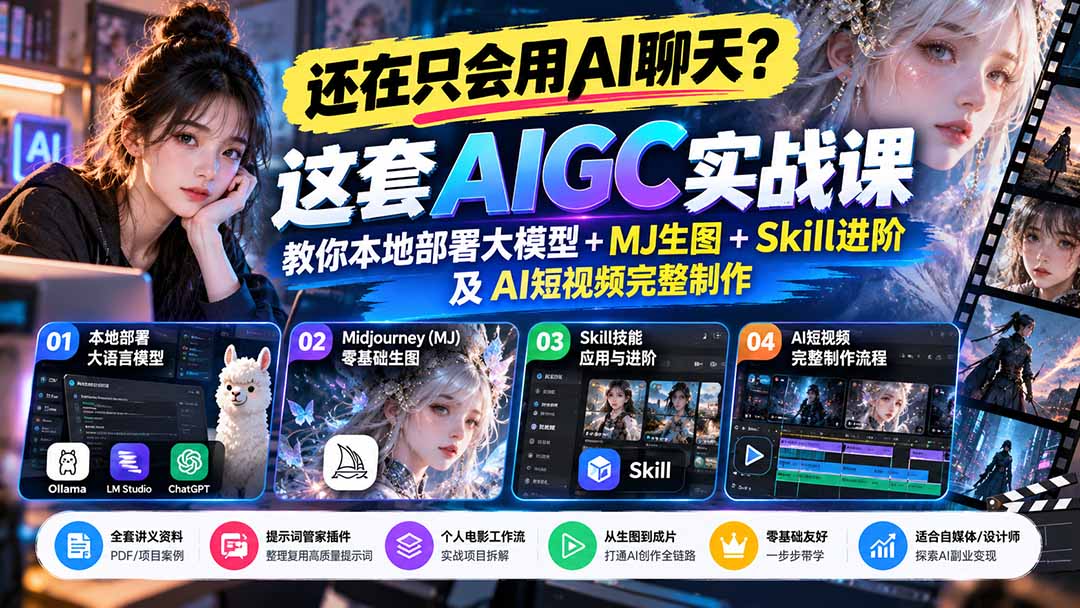 【无水印】还在只会用AI聊天?这套AIGC实战课教你本地部署大模型+MJ生图+Skill进阶及AI短视频完整制作网络赚钱,项目资源网,副业资源网,兼职项目,网赚课程-副业赚钱-互联网创业-独家轻创IP大圣网创