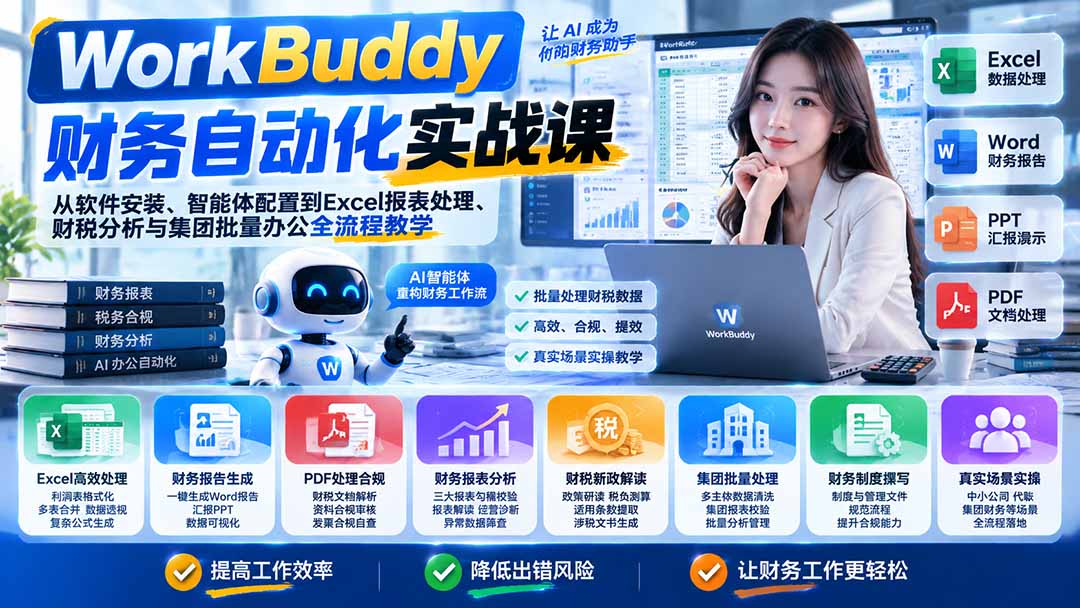WorkBuddy财务自动化实战课:从软件安装、智能体配置到Excel报表处理、财税分析与集团批量办公全流程教学网络赚钱,项目资源网,副业资源网,兼职项目,网赚课程-副业赚钱-互联网创业-独家轻创IP大圣网创