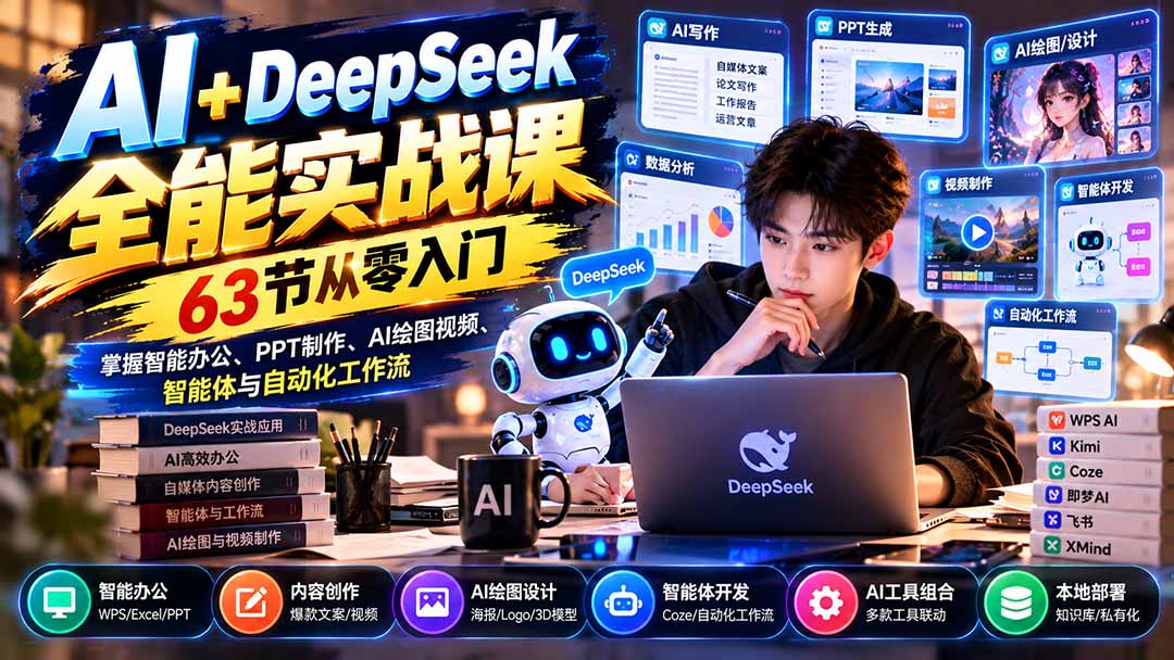 AI+DeepSeek全能实战课：63节从零入门，掌握智能办公、PPT制作、AI绘图视频、智能体与自动化工作流网络赚钱,项目资源网,副业资源网,兼职项目,网赚课程-副业赚钱-互联网创业-独家轻创IP大圣网创