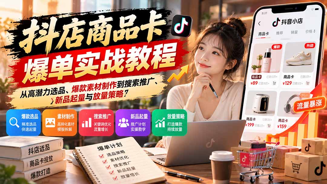 抖店商品卡爆单实战教程：从高潜力选品、爆款素材制作到搜索推广、新品起量与放量策略网络赚钱,项目资源网,副业资源网,兼职项目,网赚课程-副业赚钱-互联网创业-独家轻创IP大圣网创