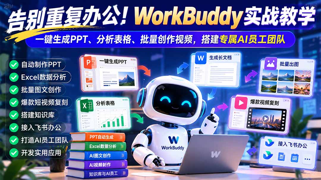 告别重复办公!WorkBuddy实战教学:一键生成PPT、分析表格、批量创作视频,搭建专属AI员工团队网络赚钱,项目资源网,副业资源网,兼职项目,网赚课程-副业赚钱-互联网创业-独家轻创IP大圣网创