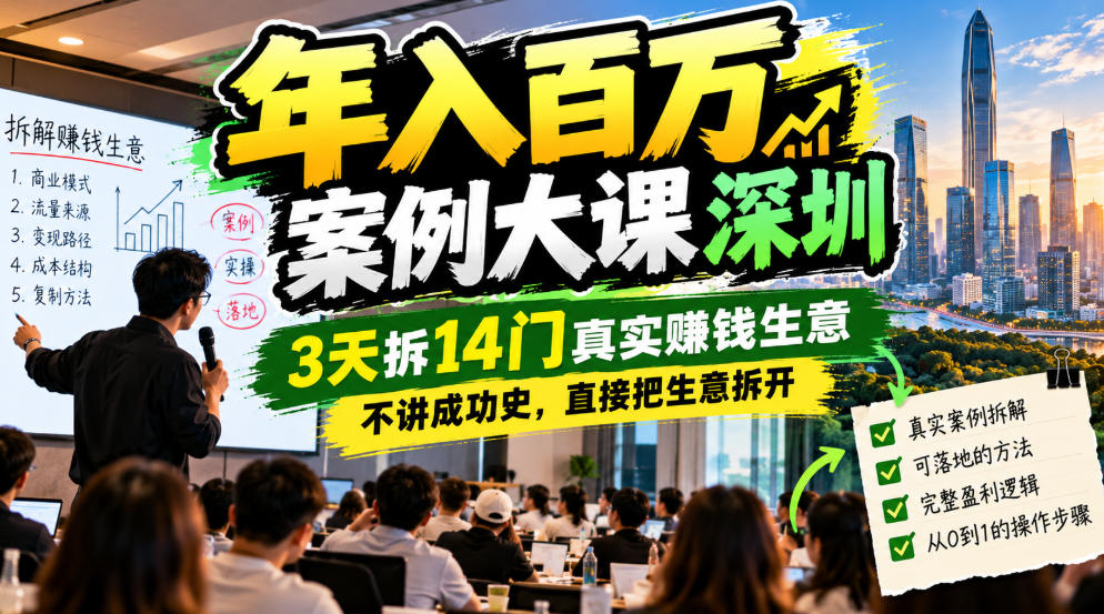 年入百W案例大课深圳,3天拆14门真实賺钱生意,不讲成功史,直接把生意拆开网络赚钱,项目资源网,副业资源网,兼职项目,网赚课程-副业赚钱-互联网创业-独家轻创IP大圣网创
