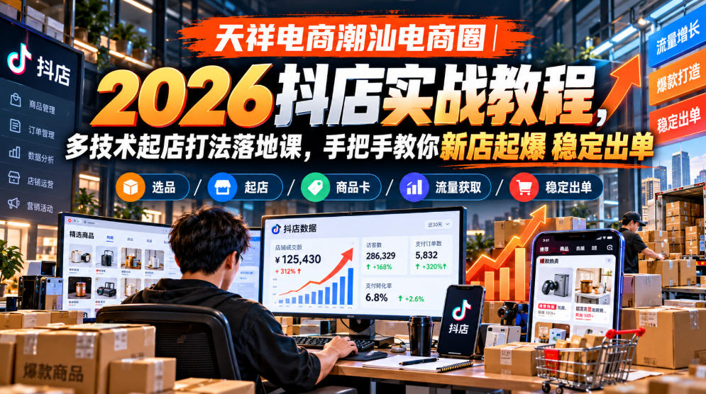 天祥电商潮汕电商圈｜2026抖店实战教程，多技术起店打法落地课，手把手教你新店起爆稳定出单网络赚钱,项目资源网,副业资源网,兼职项目,网赚课程-副业赚钱-互联网创业-独家轻创IP大圣网创