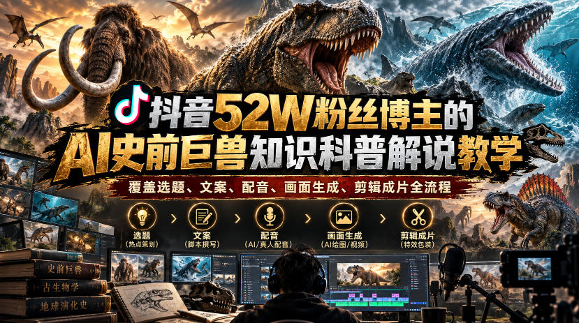 抖音52W粉丝博主的AI史前巨兽知识科普解说教学,覆盖选题、文案、配音、画面生成、剪辑成片全流程网络赚钱,项目资源网,副业资源网,兼职项目,网赚课程-副业赚钱-互联网创业-独家轻创IP大圣网创