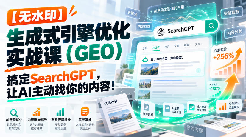 【无水印】生成式引擎优化(GEO)实战课:搞定SearchGPT,让AI主动找你的内容!【原创双语字幕】网络赚钱,项目资源网,副业资源网,兼职项目,网赚课程-副业赚钱-互联网创业-独家轻创IP大圣网创