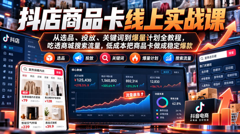 抖店商品卡线上实战课｜从选品、投放、关键词到爆量计划全教程，吃透商城搜索流量，低成本把商品卡做成稳定爆款网络赚钱,项目资源网,副业资源网,兼职项目,网赚课程-副业赚钱-互联网创业-独家轻创IP大圣网创