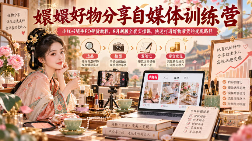 嬛嬛好物分享自媒体训练营|小红书随手PO带货教程,8月新版全套实操课,快速打通好物带货的变现路径网络赚钱,项目资源网,副业资源网,兼职项目,网赚课程-副业赚钱-互联网创业-独家轻创IP大圣网创