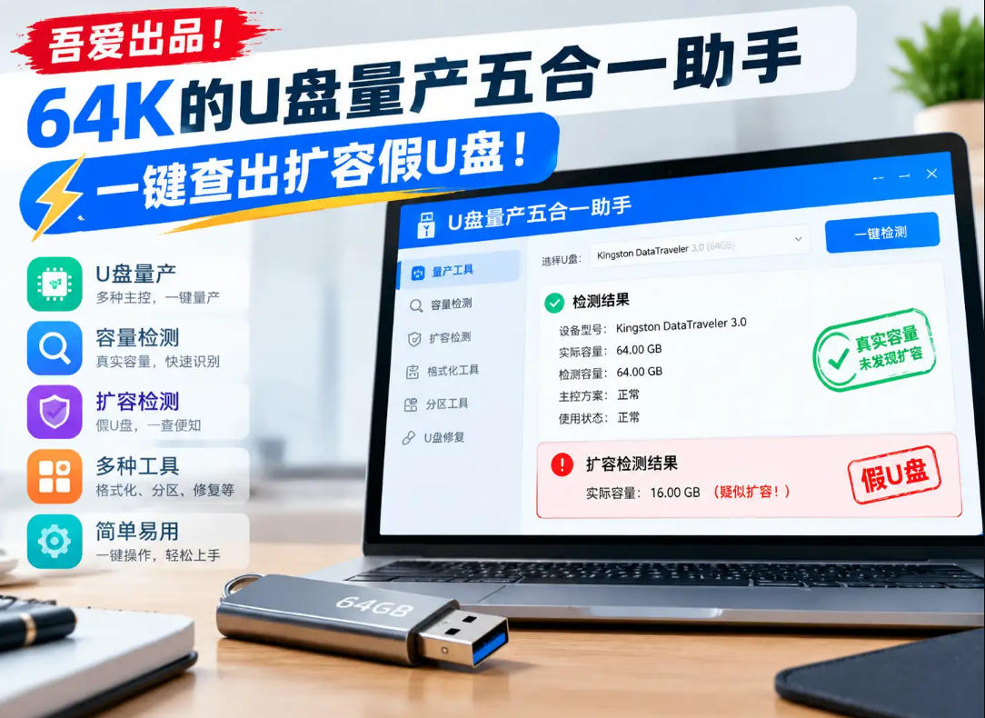 吾爱出品！64K的U盘量产五合一助手，一键查出扩容假U盘！网络赚钱,项目资源网,副业资源网,兼职项目,网赚课程-副业赚钱-互联网创业-独家轻创IP大圣网创