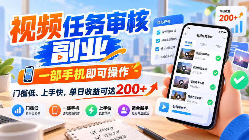 视频任务审核副业,一部手机即可操作,门槛低、上手快,单日收益可达200+【揭秘】网络赚钱,项目资源网,副业资源网,兼职项目,网赚课程-副业赚钱-互联网创业-独家轻创IP大圣网创