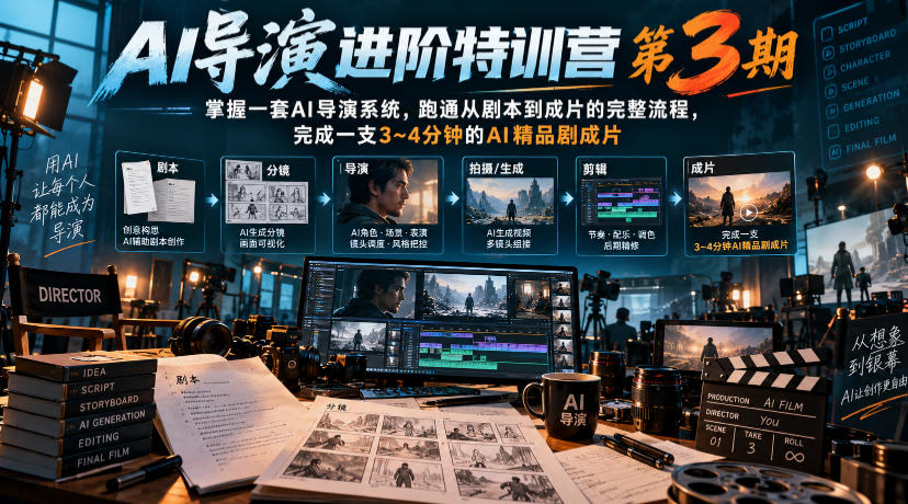 AI导演进阶特训营第3期,掌握一套AI导演系统,跑通从剧本到成片的完整流程,完成一支3~4分钟的AI精品剧成片(附1、2期)网络赚钱,项目资源网,副业资源网,兼职项目,网赚课程-副业赚钱-互联网创业-独家轻创IP大圣网创