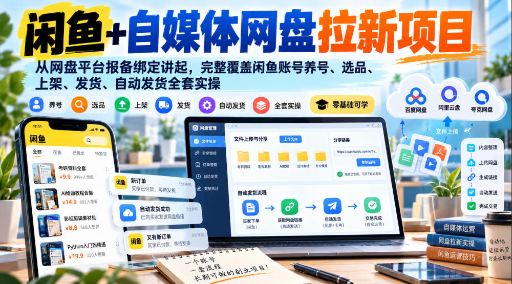 闲鱼+自媒体网盘拉新项目，从网盘平台报备绑定讲起，完整覆盖闲鱼账号养号、选品、上架、发货、自动发货全套实操网络赚钱,项目资源网,副业资源网,兼职项目,网赚课程-副业赚钱-互联网创业-独家轻创IP大圣网创