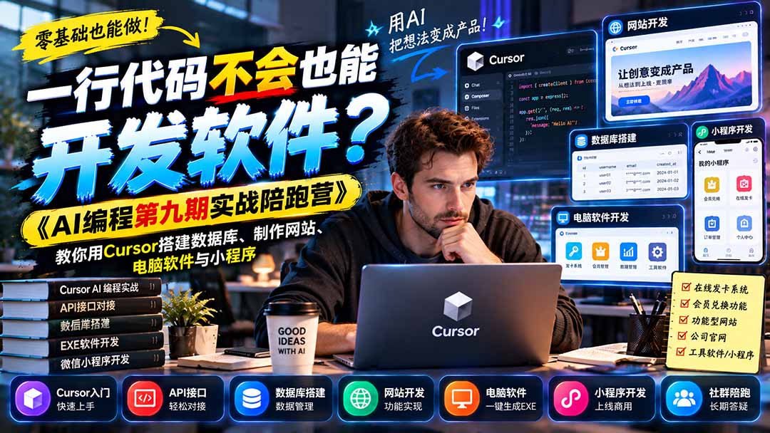 一行代码不会也能开发软件？《AI编程第九期实战陪跑营》教你用Cursor搭建数据库、制作网站、电脑软件与小程序网络赚钱,项目资源网,副业资源网,兼职项目,网赚课程-副业赚钱-互联网创业-独家轻创IP大圣网创