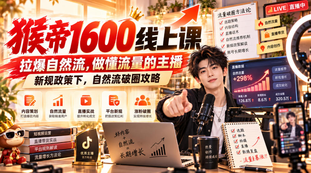 猴帝1600线上课,拉爆自然流,做懂流量的主播,新规政策下,自然流破圈攻略【更新261023】网络赚钱,项目资源网,副业资源网,兼职项目,网赚课程-副业赚钱-互联网创业-独家轻创IP大圣网创