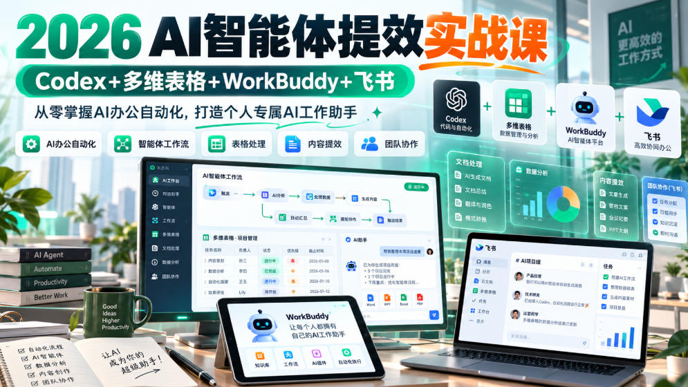 2026 AI智能体提效实战课:Codex+多维表格+WorkBuddy+飞书,从零掌握AI办公自动化,打造个人专属AI工作助手网络赚钱,项目资源网,副业资源网,兼职项目,网赚课程-副业赚钱-互联网创业-独家轻创IP大圣网创