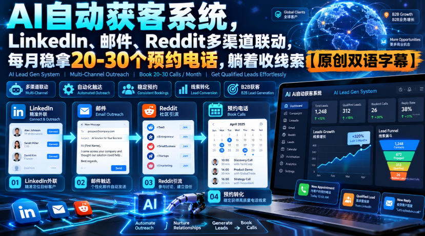 【无水印】AI自动获客系统，LinkedIn、邮件、Reddit多渠道联动，每月稳拿20-30个预约电话，躺着收线索【原创双语字幕】网络赚钱,项目资源网,副业资源网,兼职项目,网赚课程-副业赚钱-互联网创业-独家轻创IP大圣网创