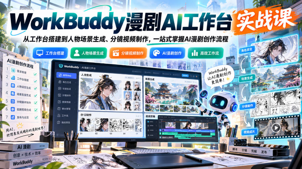WorkBuddy漫剧AI工作台实战课:从工作台搭建到人物场景生成、分镜视频制作,一站式掌握AI漫剧创作流程网络赚钱,项目资源网,副业资源网,兼职项目,网赚课程-副业赚钱-互联网创业-独家轻创IP大圣网创