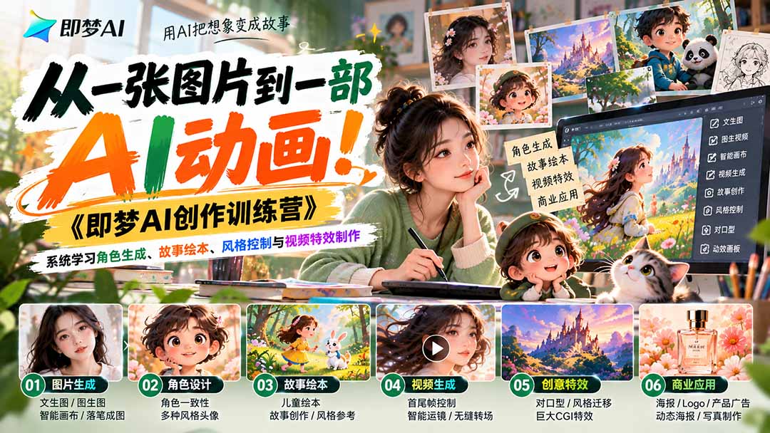 【无水印】从一张图片到一部AI动画！《即梦AI创作训练营》系统学习角色生成、故事绘本、风格控制与视频特效制作网络赚钱,项目资源网,副业资源网,兼职项目,网赚课程-副业赚钱-互联网创业-独家轻创IP大圣网创