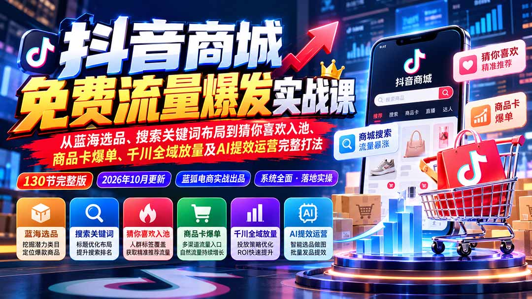 抖店城免费流量爆发实战-更新：蓝海选品、搜索关键词布局到猜你喜欢入池、商品卡爆单、千川全域放量及AI提效完整打法网络赚钱,项目资源网,副业资源网,兼职项目,网赚课程-副业赚钱-互联网创业-独家轻创IP大圣网创