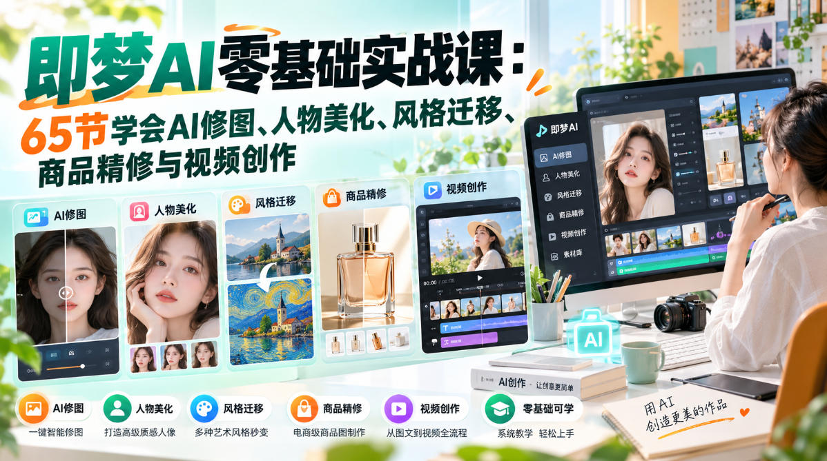 即梦AI零基础实战课:65节学会AI修图、人物美化、风格迁移、商品精修与视频创作网络赚钱,项目资源网,副业资源网,兼职项目,网赚课程-副业赚钱-互联网创业-独家轻创IP大圣网创