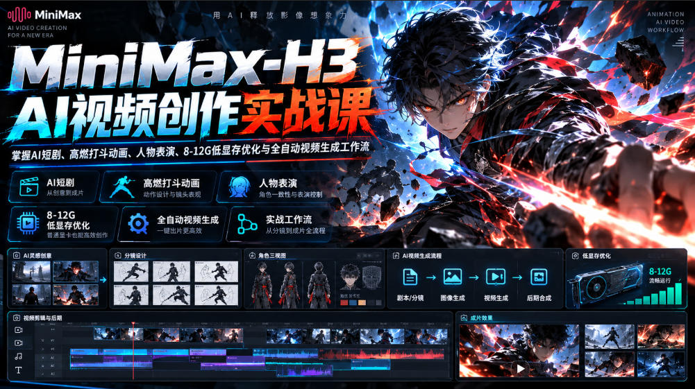 MiniMax-H3 AI视频创作实战课，掌握AI短剧、高燃打斗动画、人物表演、8-12G低显存优化与全自动视频生成工作流网络赚钱,项目资源网,副业资源网,兼职项目,网赚课程-副业赚钱-互联网创业-独家轻创IP大圣网创