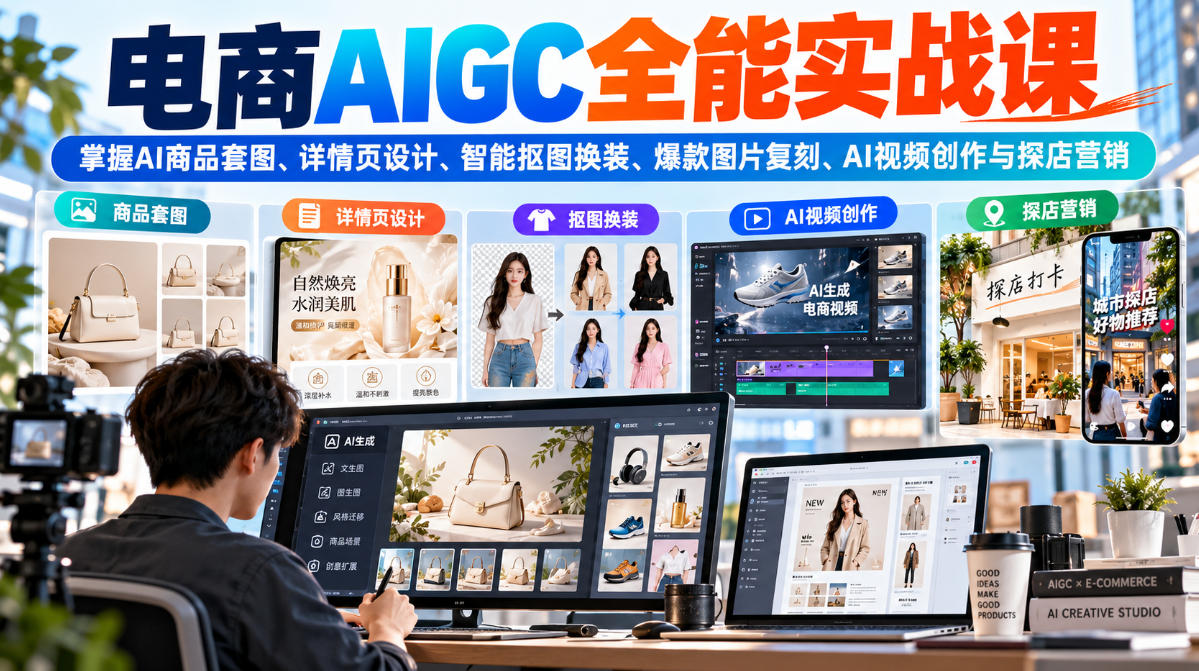 电商AIGC全能实战课：掌握AI商品套图、详情页设计、智能抠图换装、爆款图片复刻、AI视频创作与探店营销网络赚钱,项目资源网,副业资源网,兼职项目,网赚课程-副业赚钱-互联网创业-独家轻创IP大圣网创