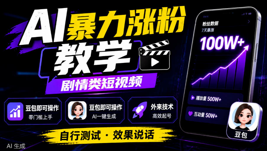 AI暴力涨粉教学,剧情类短视频,豆包即可操作,外来技术,自行测试网络赚钱,项目资源网,副业资源网,兼职项目,网赚课程-副业赚钱-互联网创业-独家轻创IP大圣网创