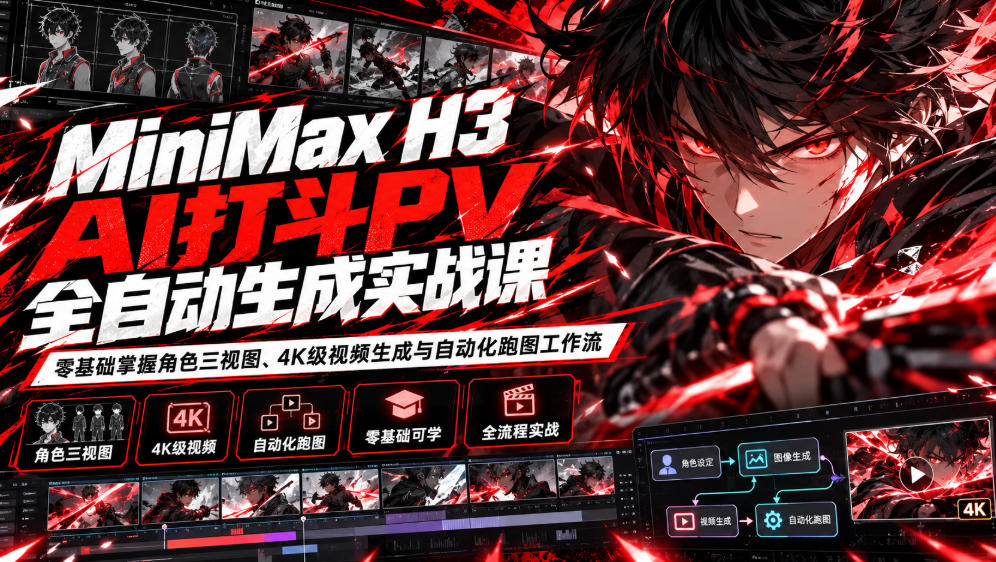 MiniMax H3 AI打斗PV全自动生成实战课:零基础掌握角色三视图、4K级视频生成与自动化跑图工作流网络赚钱,项目资源网,副业资源网,兼职项目,网赚课程-副业赚钱-互联网创业-独家轻创IP大圣网创