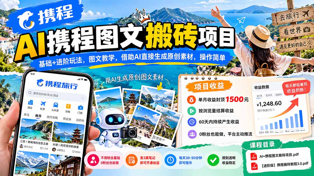 AI携程图文搬砖项目，基础+进阶玩法，图文教学，借助AI直接生成原创素材，操作简单网络赚钱,项目资源网,副业资源网,兼职项目,网赚课程-副业赚钱-互联网创业-独家轻创IP大圣网创