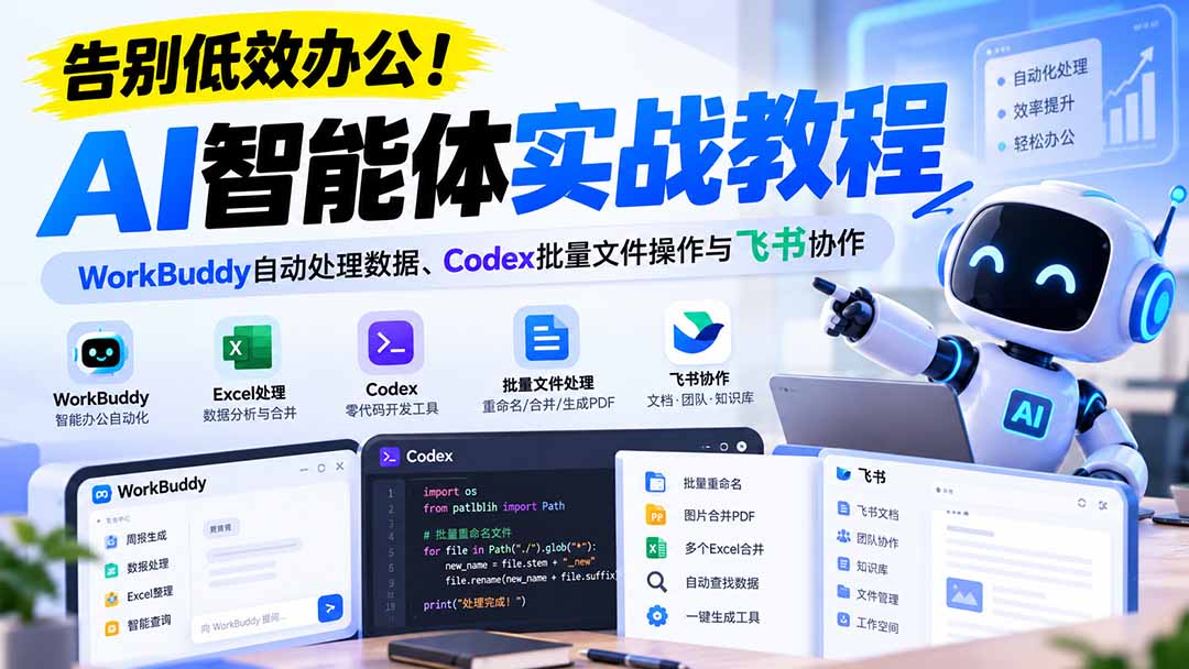 【无水印】告别低效办公！《AI智能体实战教程》WorkBuddy自动处理数据、Codex批量文件操作与飞书协作网络赚钱,项目资源网,副业资源网,兼职项目,网赚课程-副业赚钱-互联网创业-独家轻创IP大圣网创