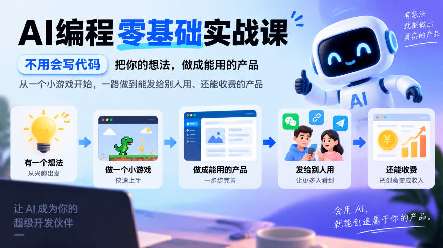 AI编程零基础实战课，不用会写代码，把你的想法，做成能用的产品，从一个小游戏开始，一路做到能发给别人用、还能收费的产品网络赚钱,项目资源网,副业资源网,兼职项目,网赚课程-副业赚钱-互联网创业-独家轻创IP大圣网创