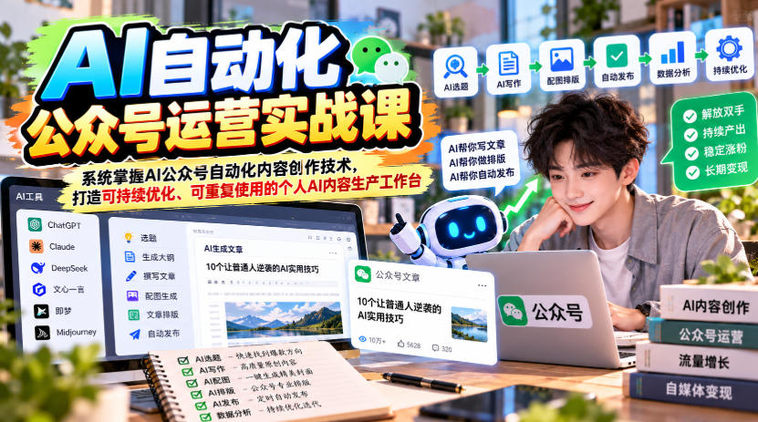 AI自动化公众号运营实战课,系统掌握AI公众号自动化内容创作技术,打造可持续优化、可重复使用的个人AI内容生产工作台网络赚钱,项目资源网,副业资源网,兼职项目,网赚课程-副业赚钱-互联网创业-独家轻创IP大圣网创