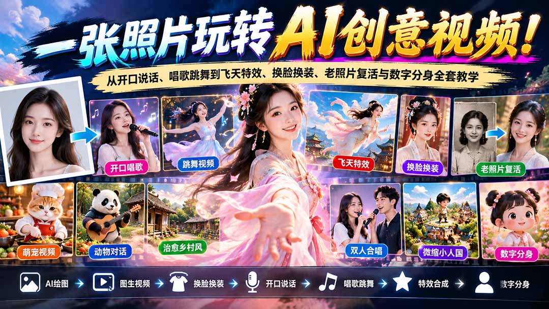 一张照片玩转AI创意视频!从开口说话、唱歌跳舞到飞天特效、换脸换装、老照片复活与数字分身全套教学网络赚钱,项目资源网,副业资源网,兼职项目,网赚课程-副业赚钱-互联网创业-独家轻创IP大圣网创