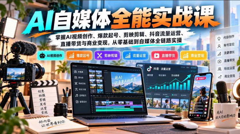 【无水印】AI自媒体全能实战课,掌握AI视频创作、爆款起号、剪映剪辑、抖音流量运营、直播带货与商业变现,从零基础到自媒体全链路实操网络赚钱,项目资源网,副业资源网,兼职项目,网赚课程-副业赚钱-互联网创业-独家轻创IP大圣网创
