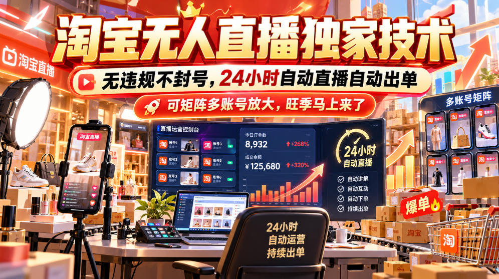 淘宝无人直播独家技术，无违规不封号，24小时自动直播自动出单，可矩阵多账号放大，旺季马上来了【揭秘】网络赚钱,项目资源网,副业资源网,兼职项目,网赚课程-副业赚钱-互联网创业-独家轻创IP大圣网创