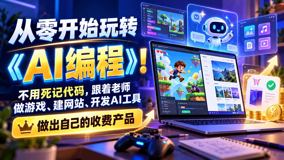 从零开始玩转《AI编程》！不用死记代码，跟着老师做游戏、建网站、开发AI工具，最后完成自己的收费产品网络赚钱,项目资源网,副业资源网,兼职项目,网赚课程-副业赚钱-互联网创业-独家轻创IP大圣网创