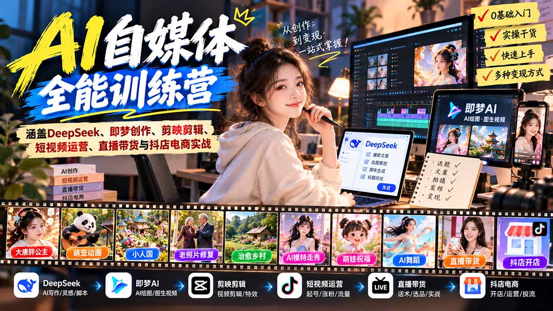 【无水印】AI+自媒体全能训练营:涵盖DeepSeek、即梦创作、剪映剪辑、短视频运营、直播带货与抖店电商实战网络赚钱,项目资源网,副业资源网,兼职项目,网赚课程-副业赚钱-互联网创业-独家轻创IP大圣网创